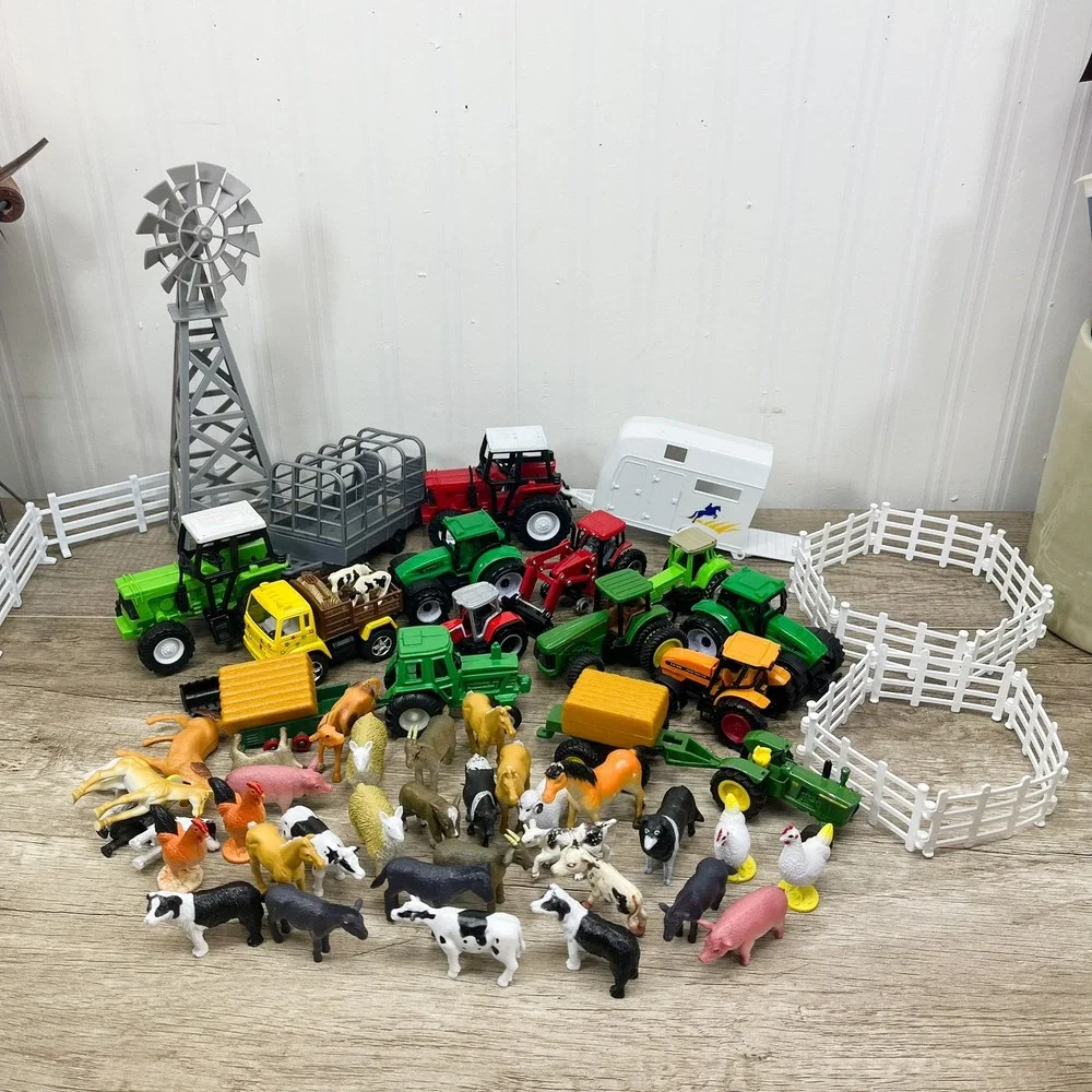 Huge Farm Toy Lot John Deere Tractors Animals Windmill Fence Horse Trailer